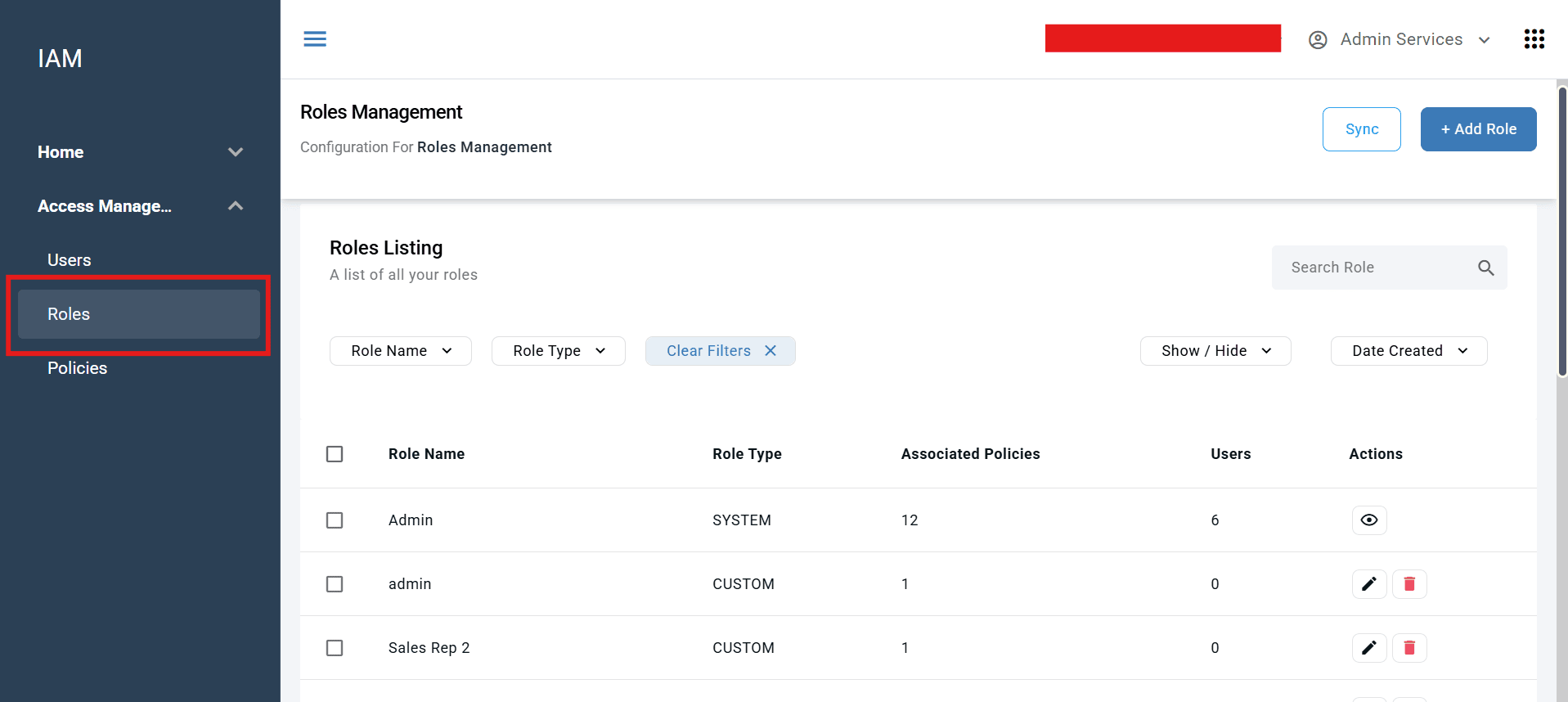 Figure 8.1 The Roles Management screen within the IAM module, where you can view System roles and create Custom roles tailored to your organization's specific needs.